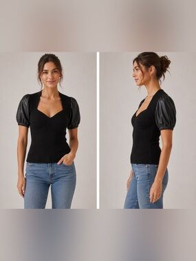 Heartloom Black Ribbed Sweetheart faux leather Puff-Sleeve Tank